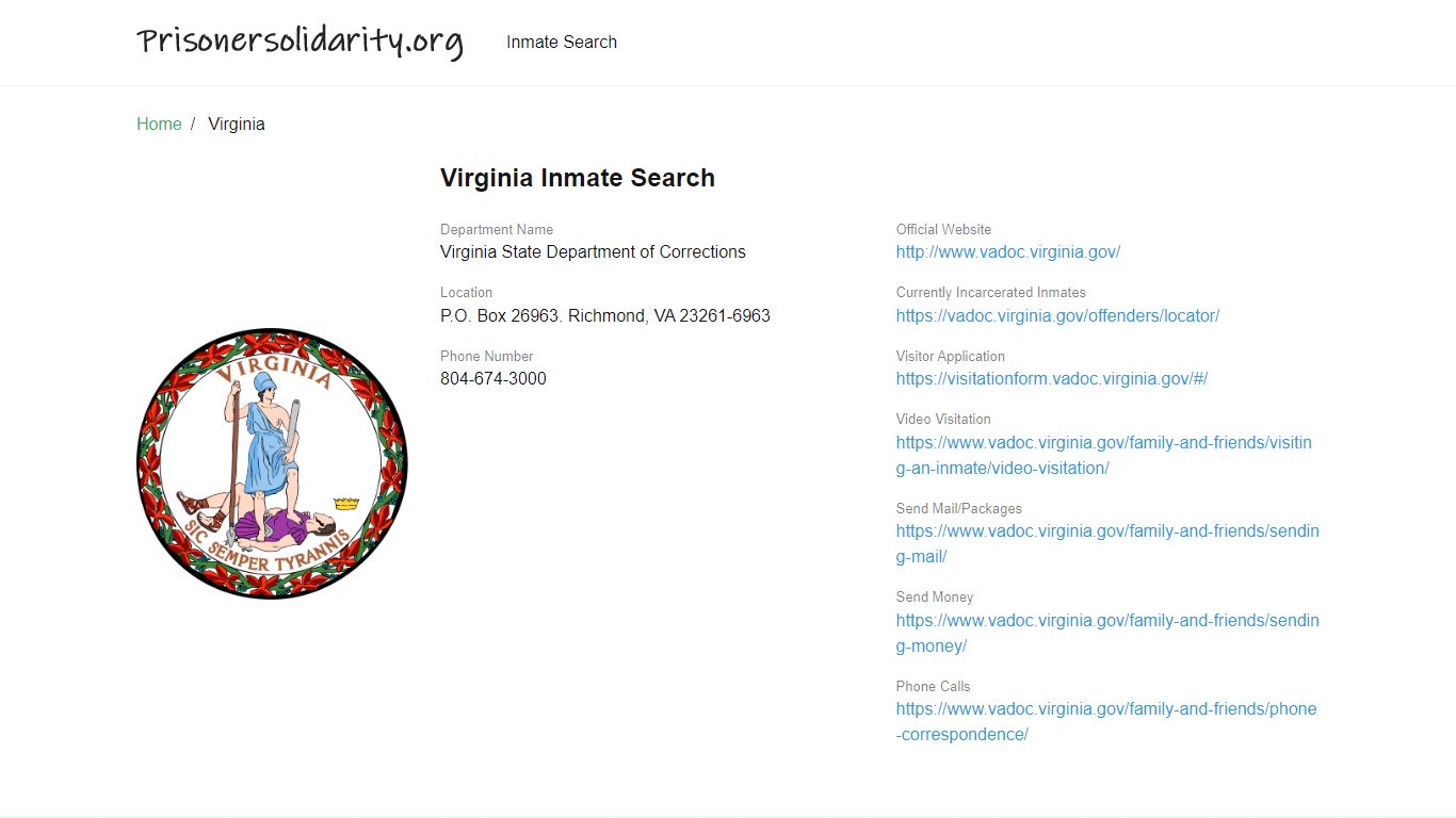 Virginia Inmate Search – Virginia State Department of Corrections ...